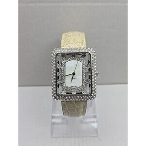 Adrienne Womens Rhinestone Open Square Watch Cream Croc Leather New Battery